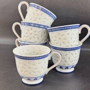 Set of 6 Vintage Chinese Tea Cups Rice Grain Rice Eye Pattern Blue & White